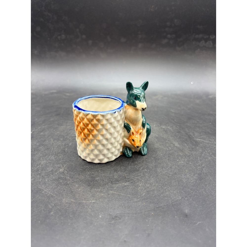 Vintage Japan Ceramic Kangaroo and Joey Toothpick Holder Miniature Planter Teal